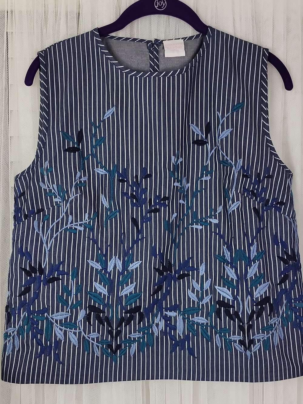 Loretta Caponi Embroidered Botanical Print Crew Neck Striped Navy Top. Size L